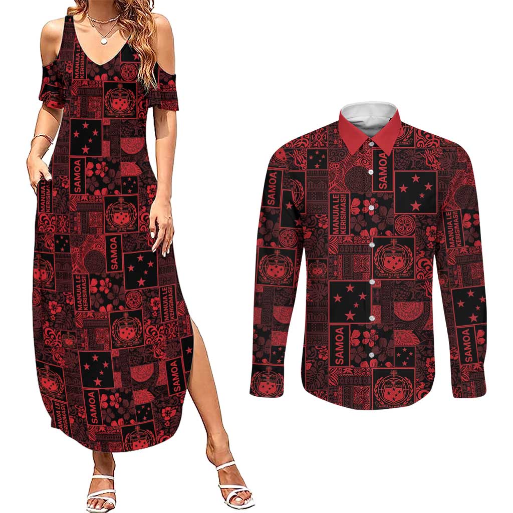 Dark Samoa Manuia Le Kerisimasi Couples Matching Summer Maxi Dress and Long Sleeve Button Shirt Pacific Patchwork Xmas Vibes - Polynesian Pride