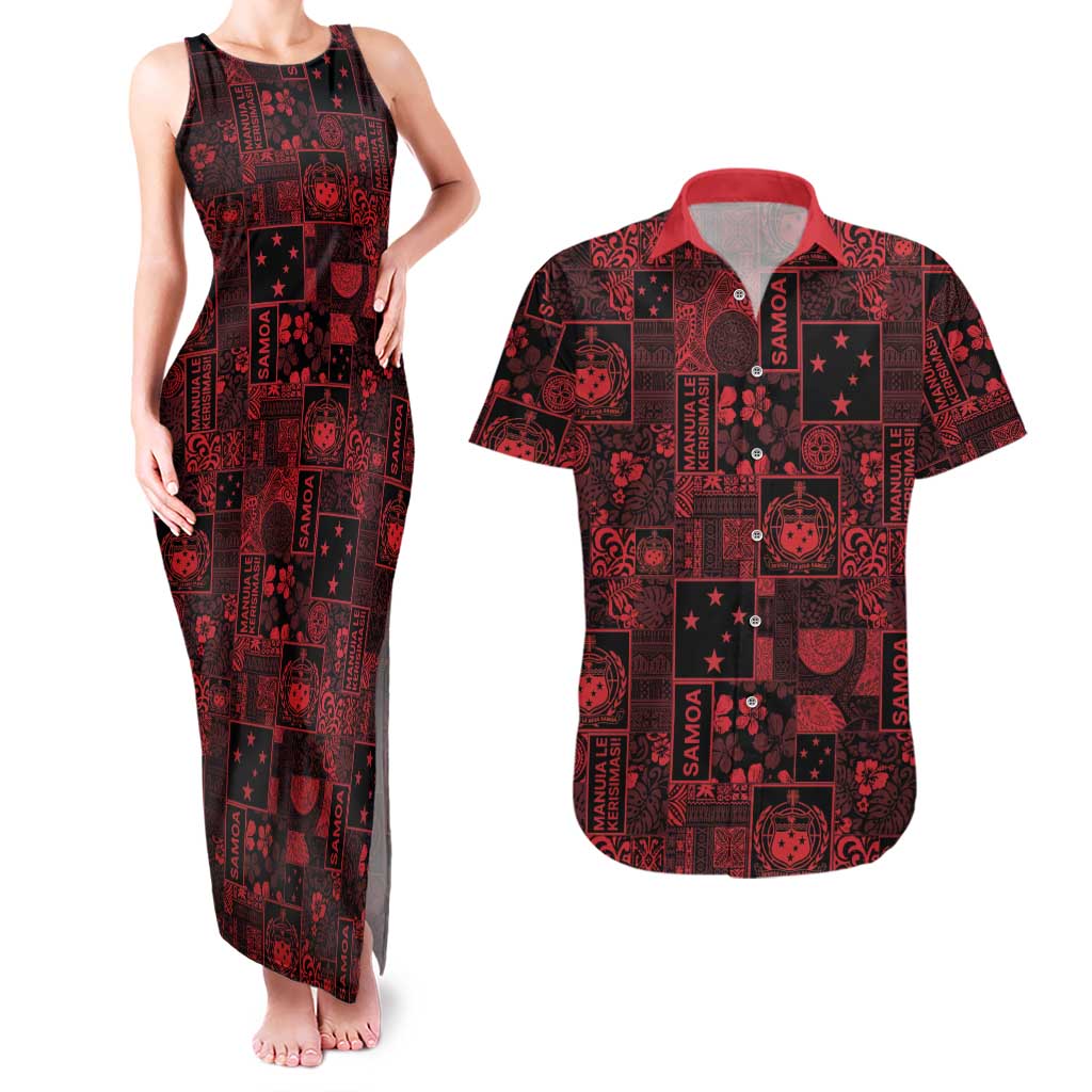 Dark Samoa Manuia Le Kerisimasi Couples Matching Tank Maxi Dress and Hawaiian Shirt Pacific Patchwork Xmas Vibes - Polynesian Pride