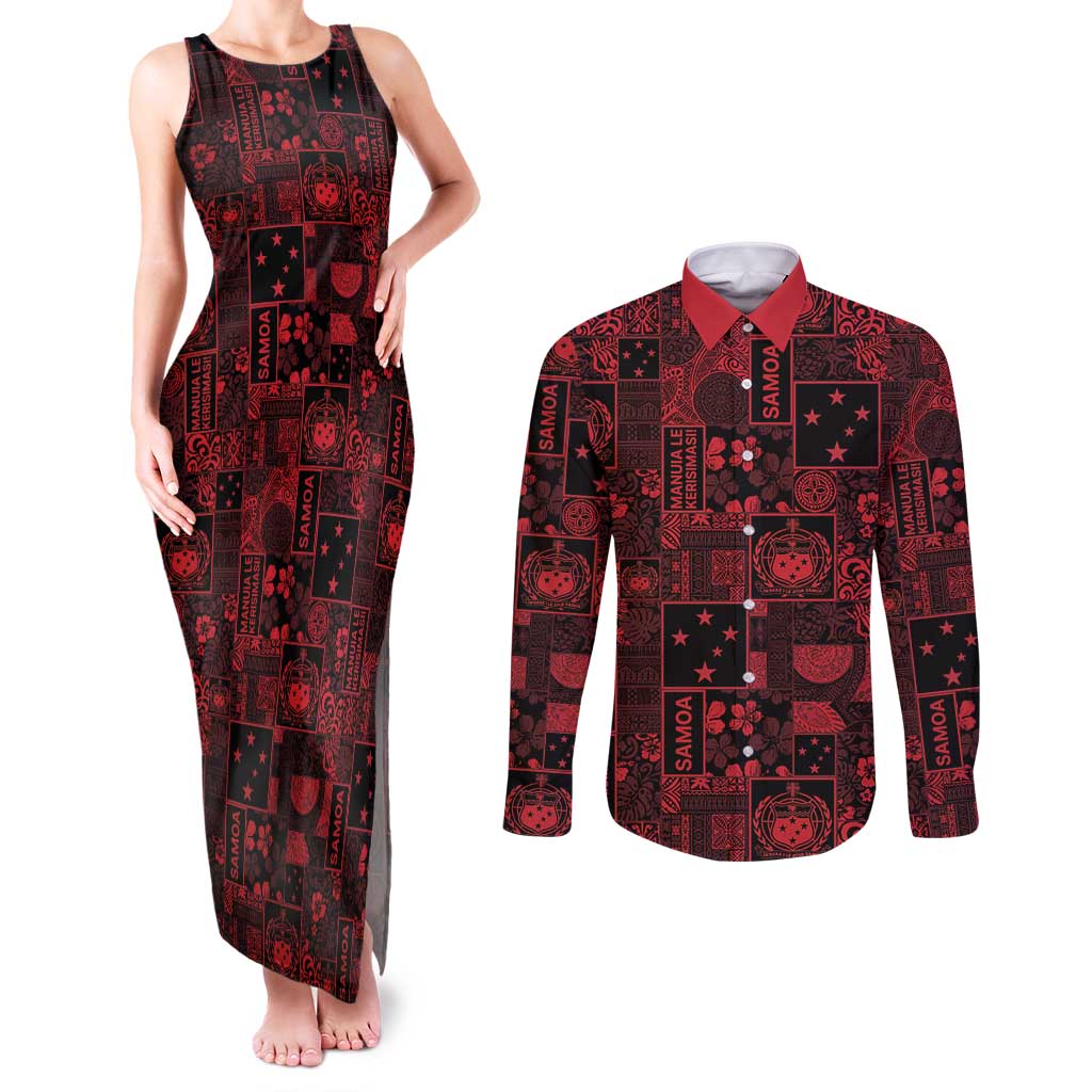Dark Samoa Manuia Le Kerisimasi Couples Matching Tank Maxi Dress and Long Sleeve Button Shirt Pacific Patchwork Xmas Vibes - Polynesian Pride