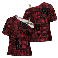 Dark Samoa Manuia Le Kerisimasi Cross Shoulder Shirt Pacific Patchwork Xmas Vibes - Polynesian Pride