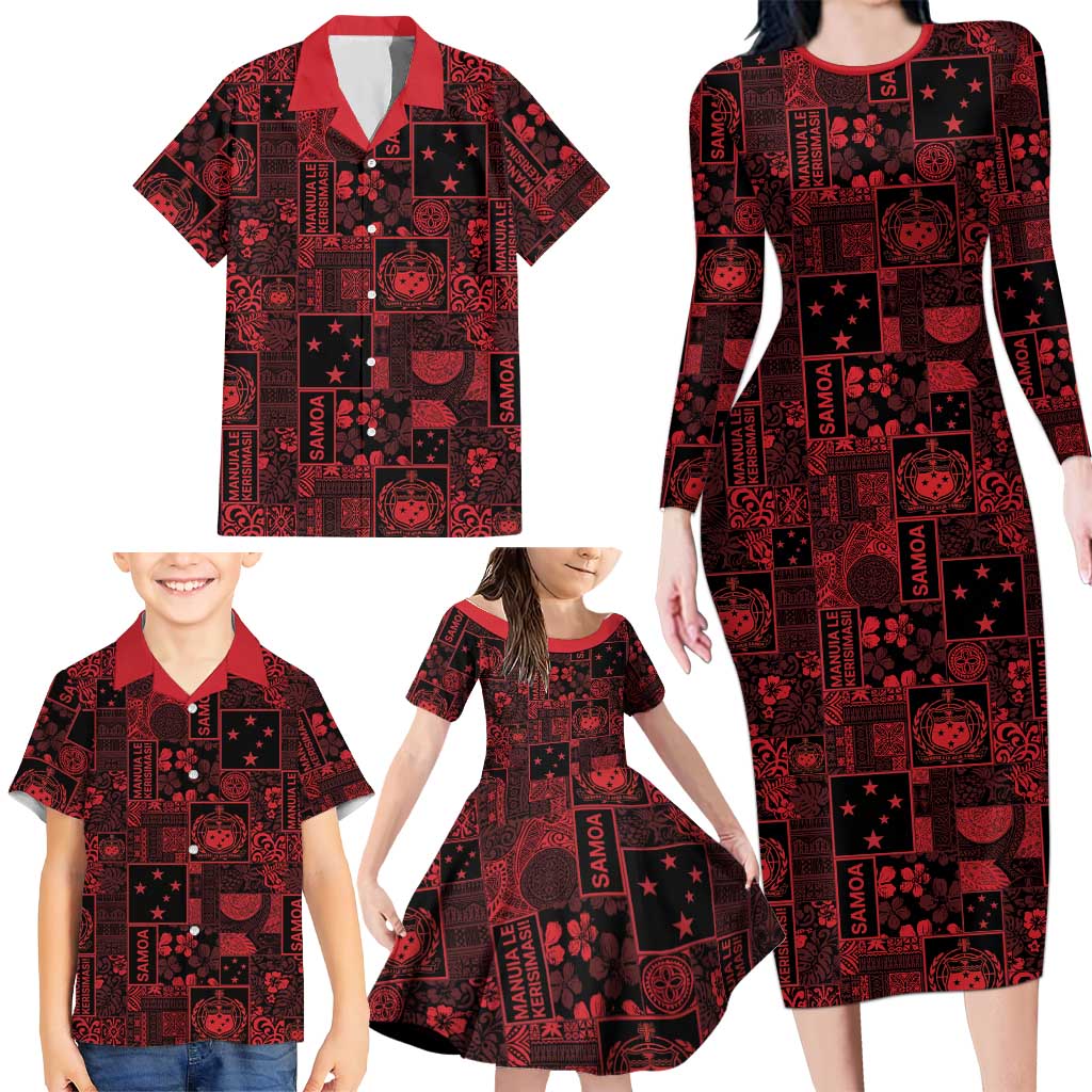 Dark Samoa Manuia Le Kerisimasi Family Matching Long Sleeve Bodycon Dress and Hawaiian Shirt Pacific Patchwork Xmas Vibes - Polynesian Pride