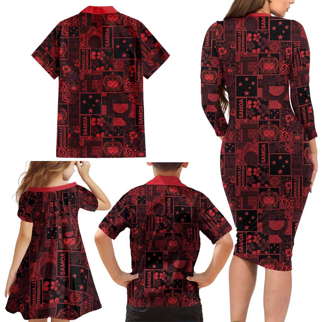 Dark Samoa Manuia Le Kerisimasi Family Matching Long Sleeve Bodycon Dress and Hawaiian Shirt Pacific Patchwork Xmas Vibes - Polynesian Pride