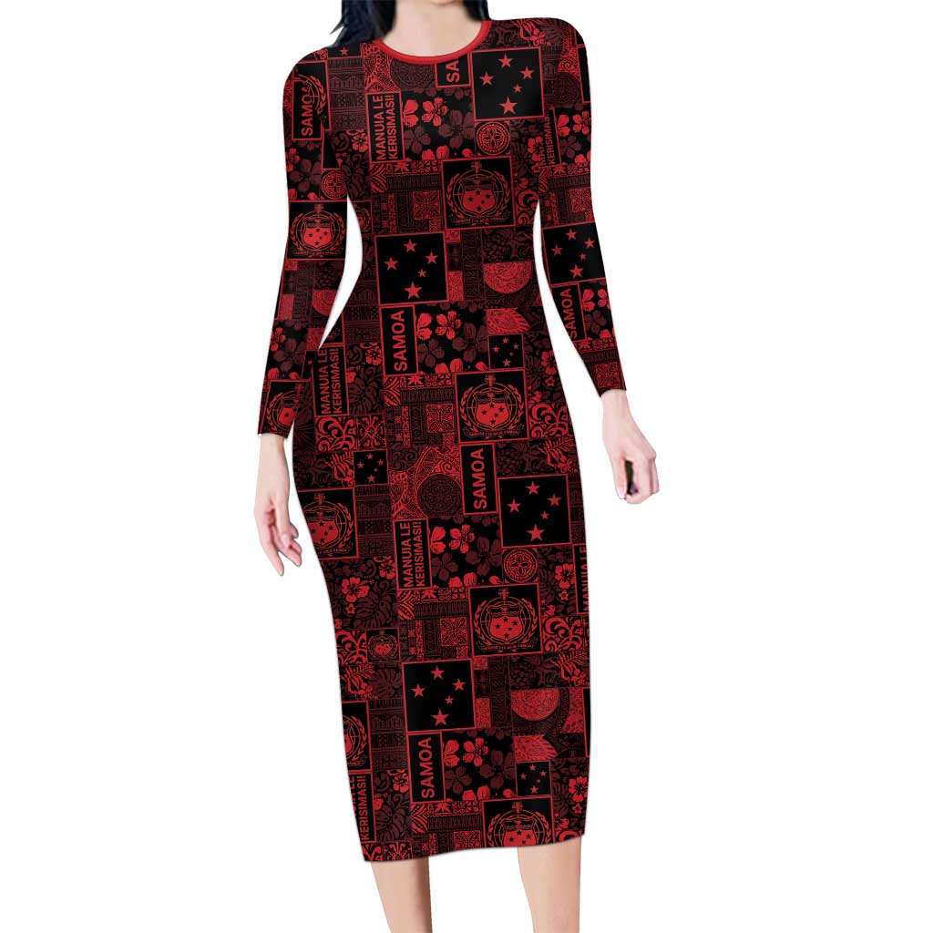 Dark Samoa Manuia Le Kerisimasi Family Matching Long Sleeve Bodycon Dress and Hawaiian Shirt Pacific Patchwork Xmas Vibes - Polynesian Pride