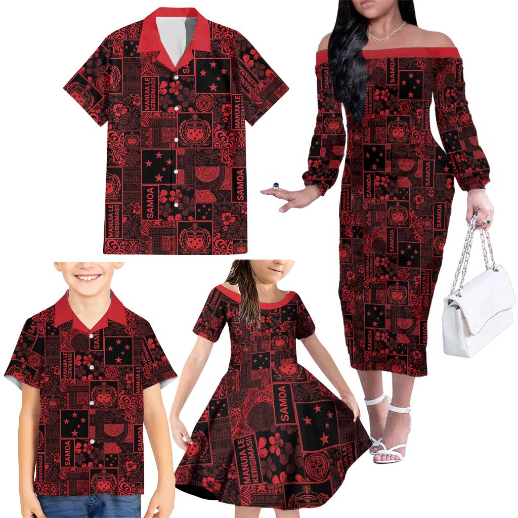 Dark Samoa Manuia Le Kerisimasi Family Matching Off The Shoulder Long Sleeve Dress and Hawaiian Shirt Pacific Patchwork Xmas Vibes - Polynesian Pride