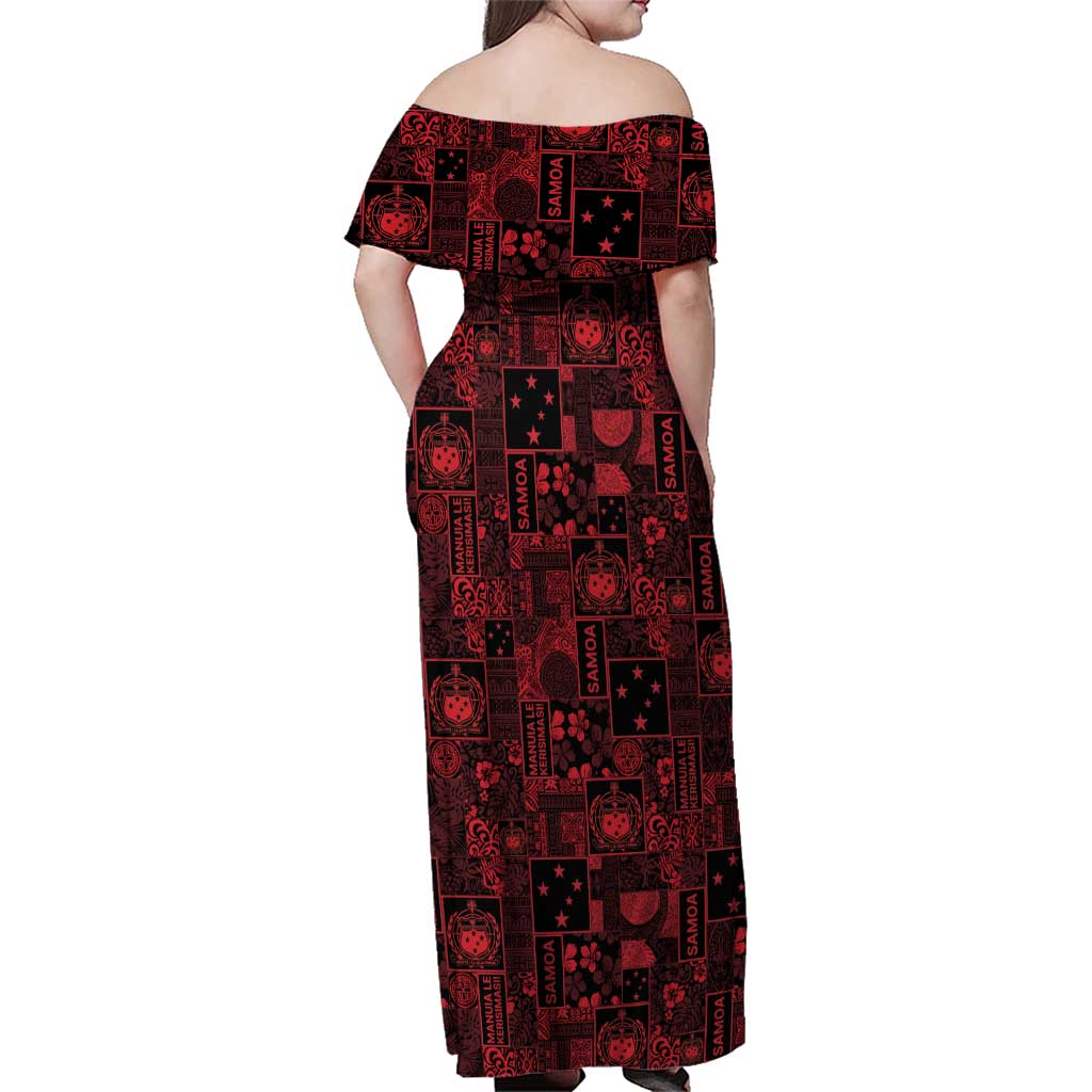 Dark Samoa Manuia Le Kerisimasi Family Matching Off Shoulder Maxi Dress and Hawaiian Shirt Pacific Patchwork Xmas Vibes - Polynesian Pride