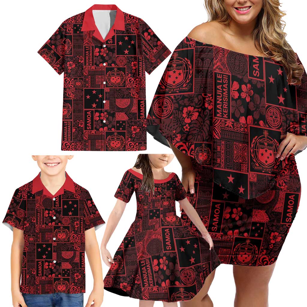 Dark Samoa Manuia Le Kerisimasi Family Matching Off Shoulder Short Dress and Hawaiian Shirt Pacific Patchwork Xmas Vibes - Polynesian Pride