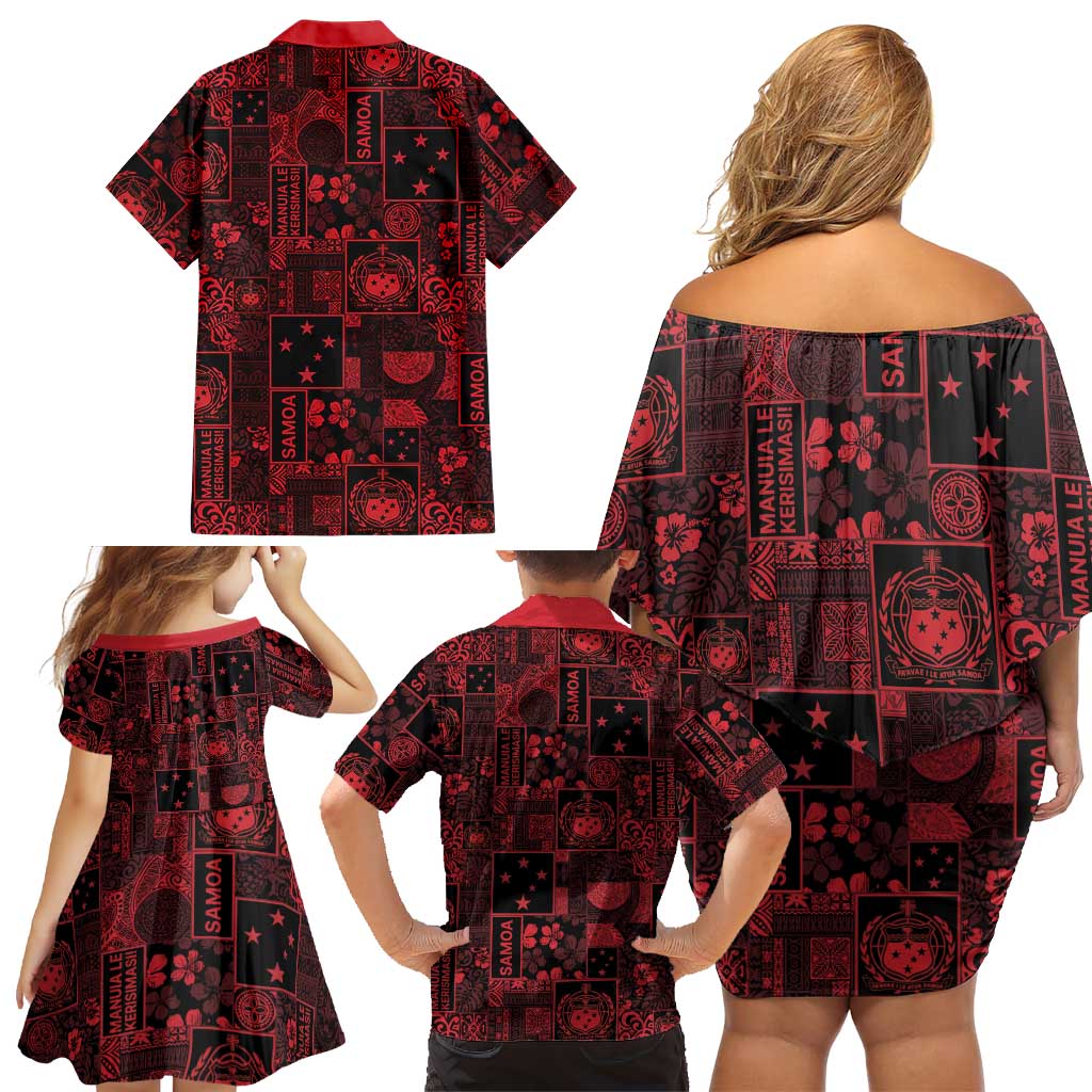 Dark Samoa Manuia Le Kerisimasi Family Matching Off Shoulder Short Dress and Hawaiian Shirt Pacific Patchwork Xmas Vibes - Polynesian Pride
