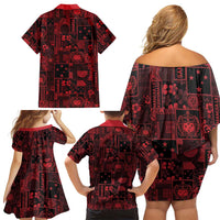 Dark Samoa Manuia Le Kerisimasi Family Matching Off Shoulder Short Dress and Hawaiian Shirt Pacific Patchwork Xmas Vibes - Polynesian Pride