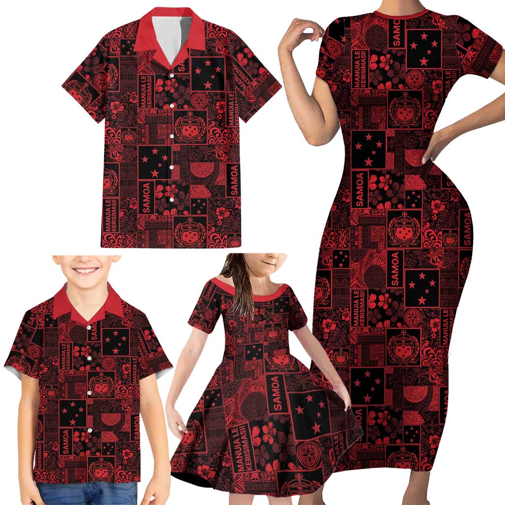 Dark Samoa Manuia Le Kerisimasi Family Matching Short Sleeve Bodycon Dress and Hawaiian Shirt Pacific Patchwork Xmas Vibes - Polynesian Pride
