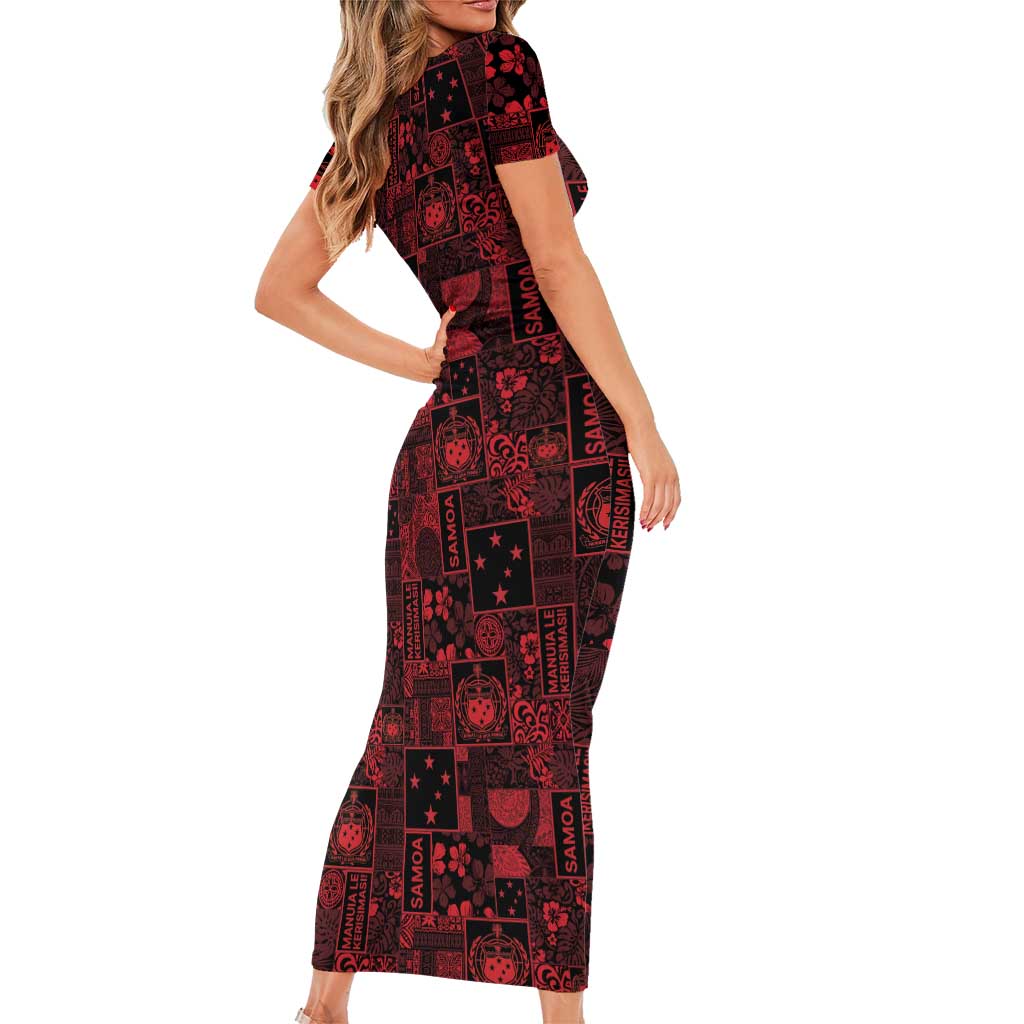 Dark Samoa Manuia Le Kerisimasi Family Matching Short Sleeve Bodycon Dress and Hawaiian Shirt Pacific Patchwork Xmas Vibes - Polynesian Pride