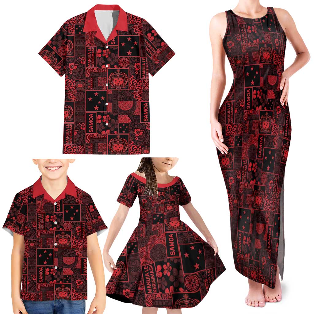 Dark Samoa Manuia Le Kerisimasi Family Matching Tank Maxi Dress and Hawaiian Shirt Pacific Patchwork Xmas Vibes - Polynesian Pride