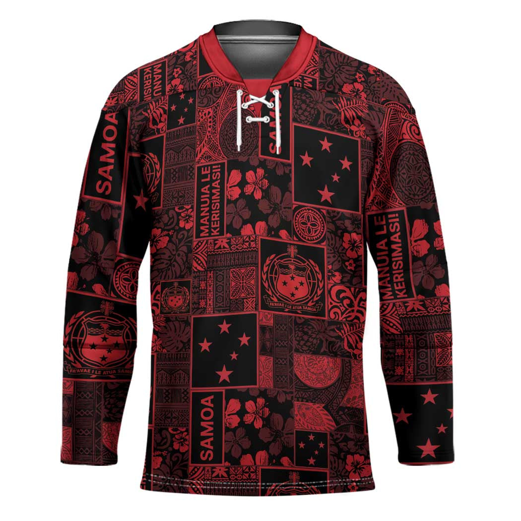 Dark Samoa Manuia Le Kerisimasi Hockey Jersey Pacific Patchwork Xmas Vibes - Polynesian Pride