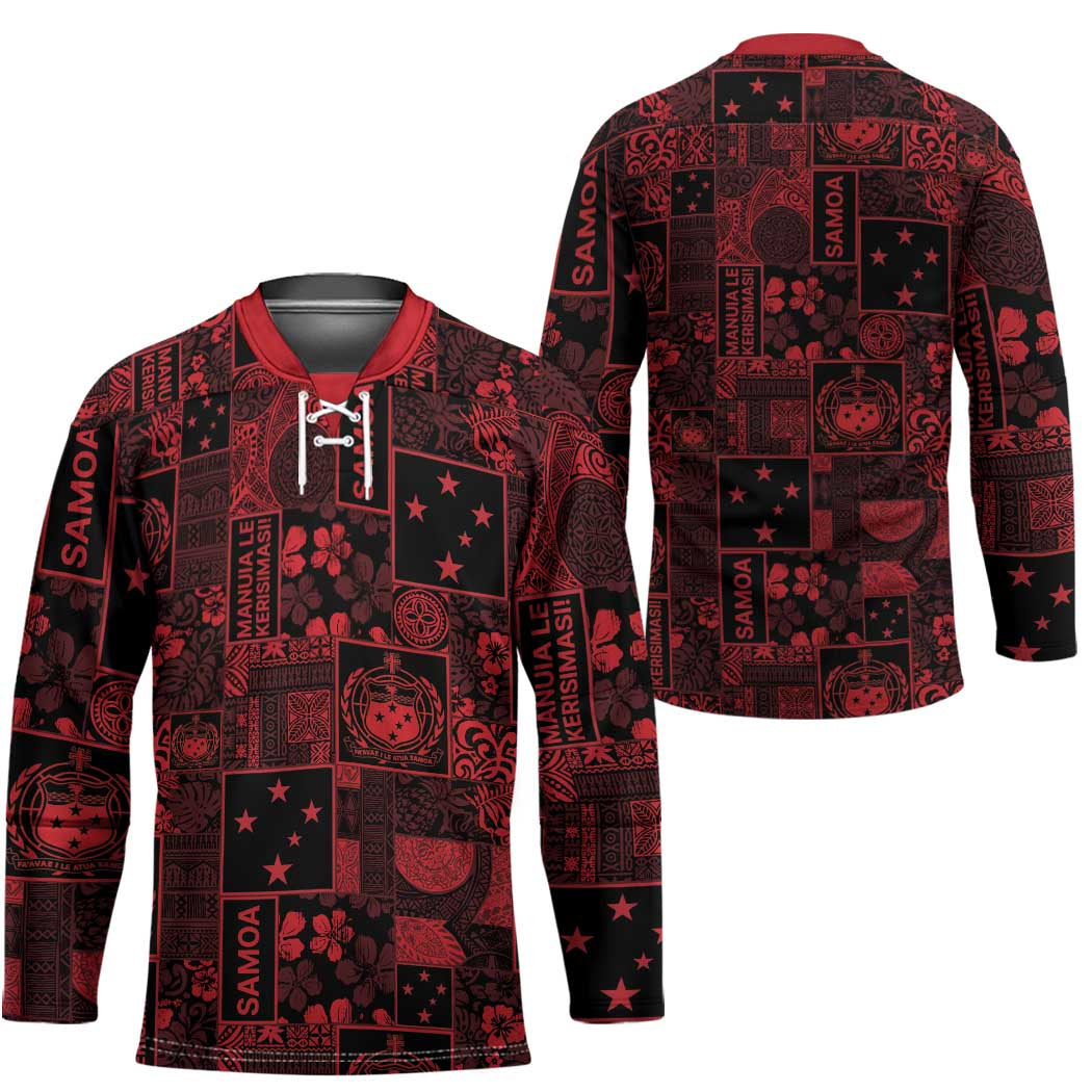 Dark Samoa Manuia Le Kerisimasi Hockey Jersey Pacific Patchwork Xmas Vibes - Polynesian Pride