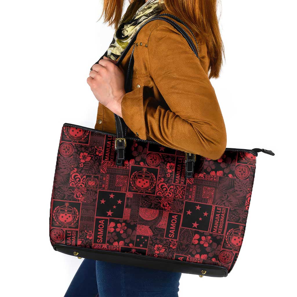 Dark Samoa Manuia Le Kerisimasi Leather Tote Bag Pacific Patchwork Xmas Vibes - Polynesian Pride