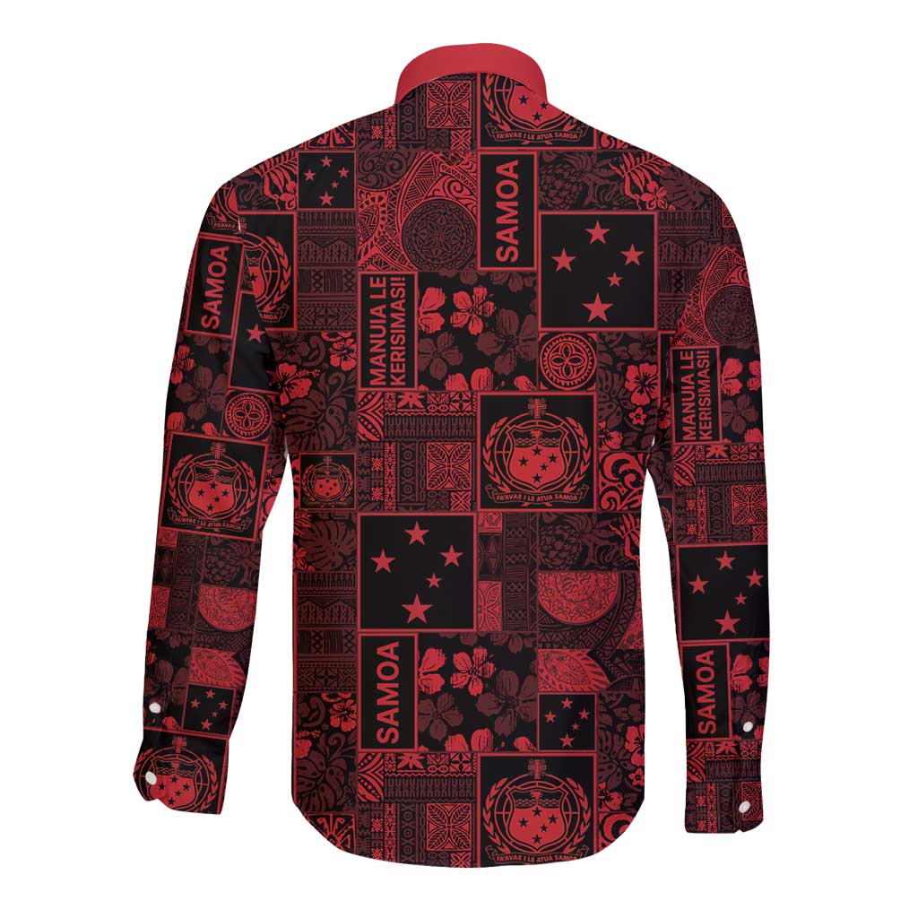 Dark Samoa Manuia Le Kerisimasi Long Sleeve Button Shirt Pacific Patchwork Xmas Vibes - Polynesian Pride