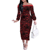 Dark Samoa Manuia Le Kerisimasi Off The Shoulder Long Sleeve Dress Pacific Patchwork Xmas Vibes - Polynesian Pride