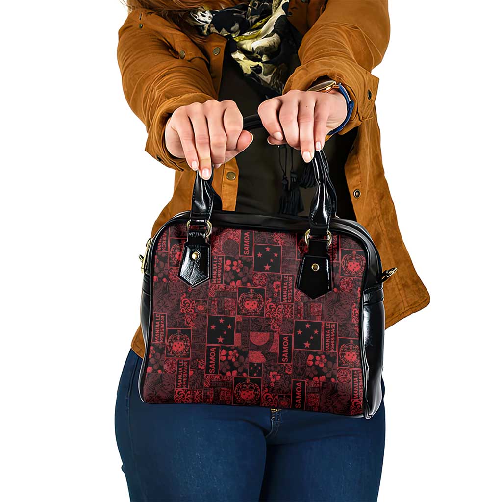 Dark Samoa Manuia Le Kerisimasi Shoulder Handbag Pacific Patchwork Xmas Vibes - Polynesian Pride