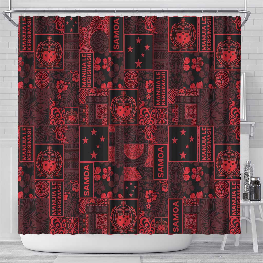 Dark Samoa Manuia Le Kerisimasi Shower Curtain Pacific Patchwork Xmas Vibes - Polynesian Pride