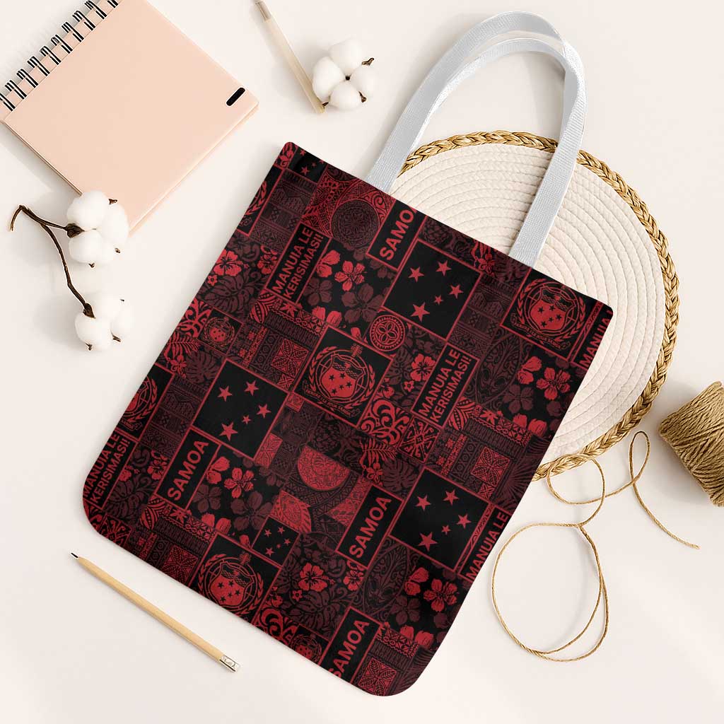 Dark Samoa Manuia Le Kerisimasi Tote Bag Pacific Patchwork Xmas Vibes - Polynesian Pride