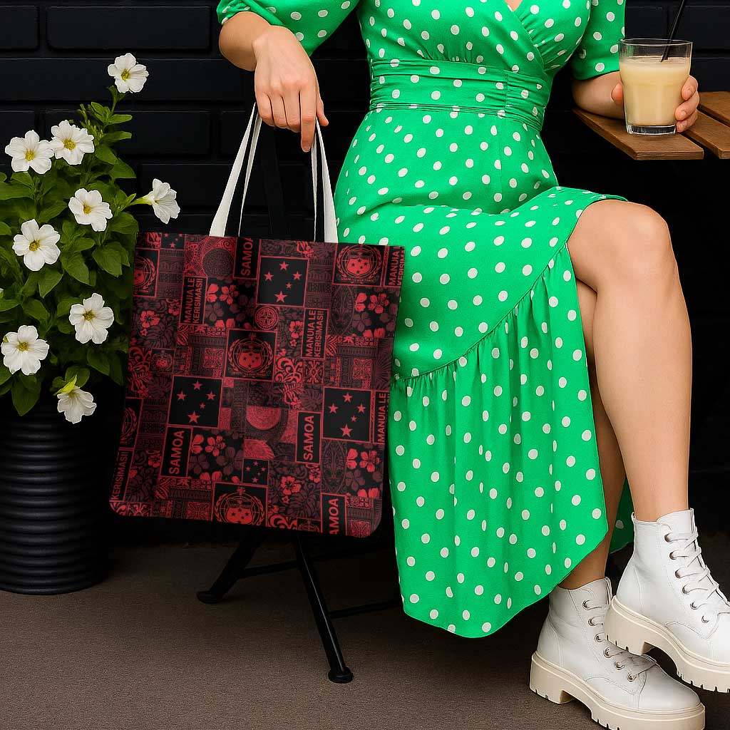 Dark Samoa Manuia Le Kerisimasi Tote Bag Pacific Patchwork Xmas Vibes - Polynesian Pride