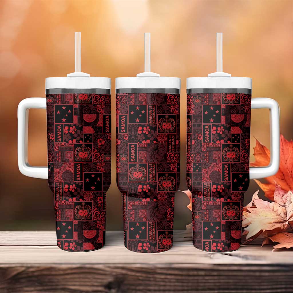 Dark Samoa Manuia Le Kerisimasi Tumbler With Handle Pacific Patchwork Xmas Vibes - Polynesian Pride