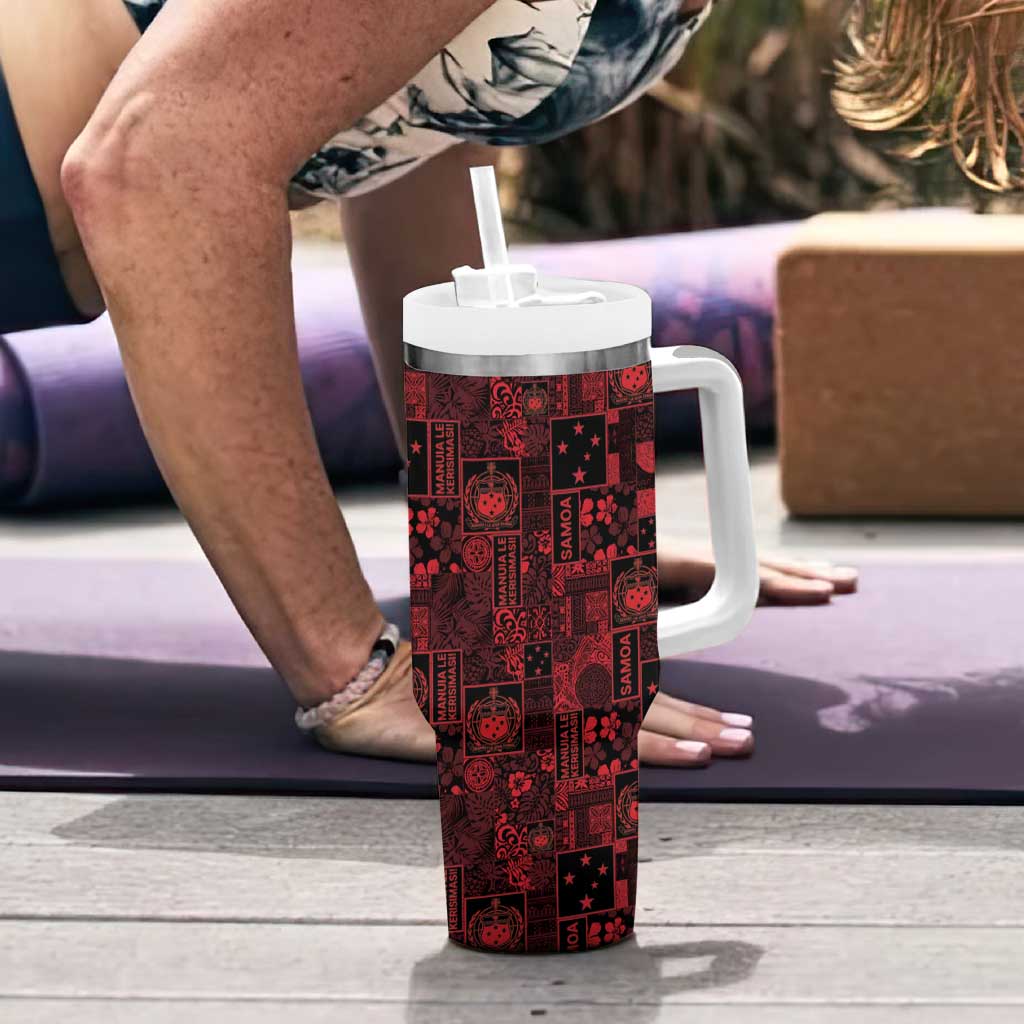 Dark Samoa Manuia Le Kerisimasi Tumbler With Handle Pacific Patchwork Xmas Vibes - Polynesian Pride