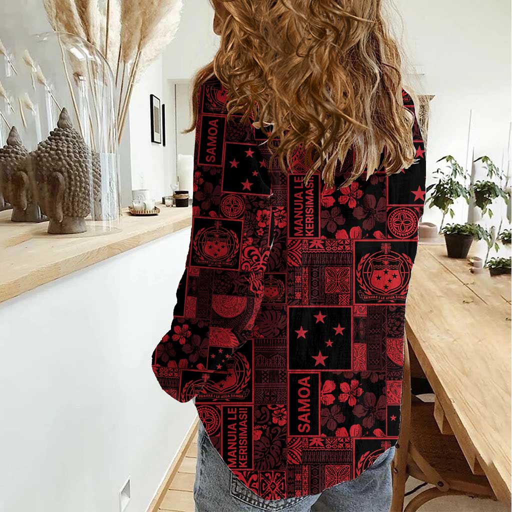 Dark Samoa Manuia Le Kerisimasi Women Casual Shirt Pacific Patchwork Xmas Vibes - Polynesian Pride