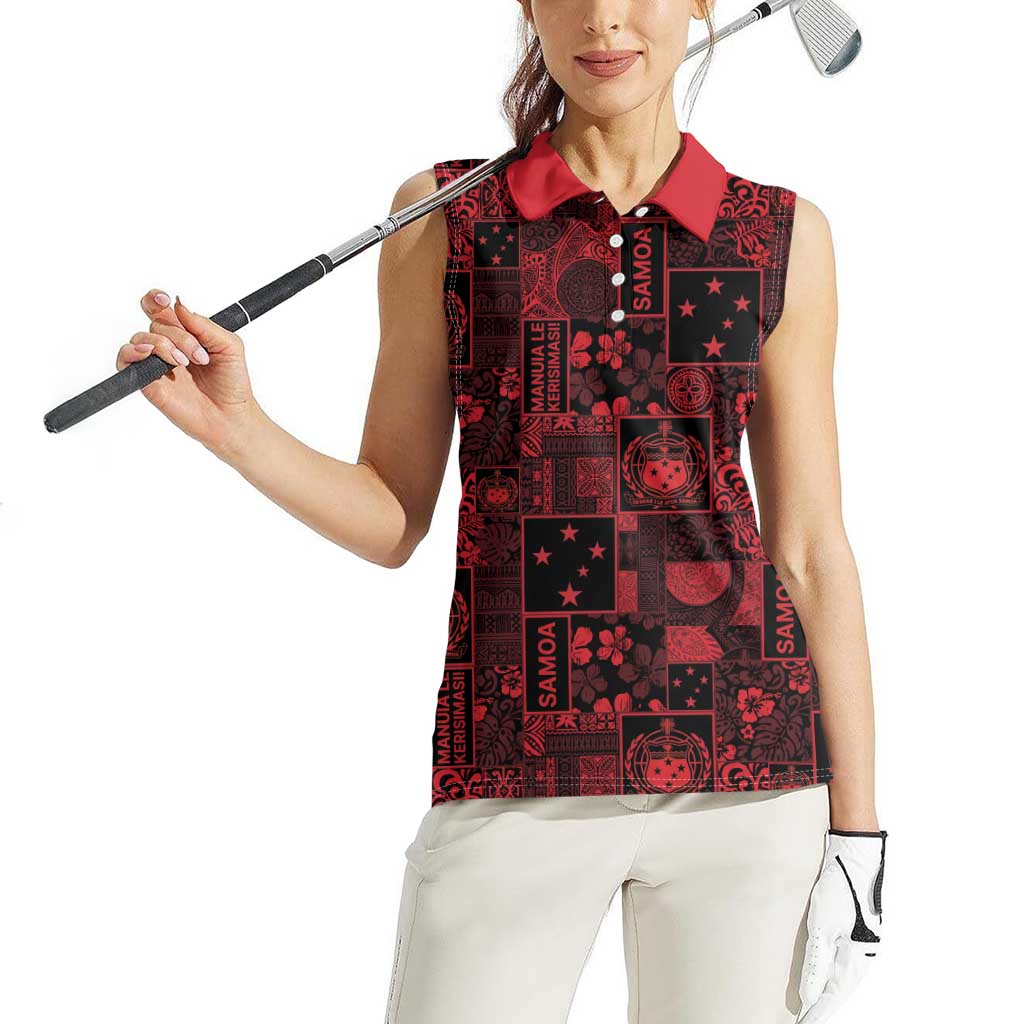 Dark Samoa Manuia Le Kerisimasi Women Sleeveless Polo Shirt Pacific Patchwork Xmas Vibes - Polynesian Pride