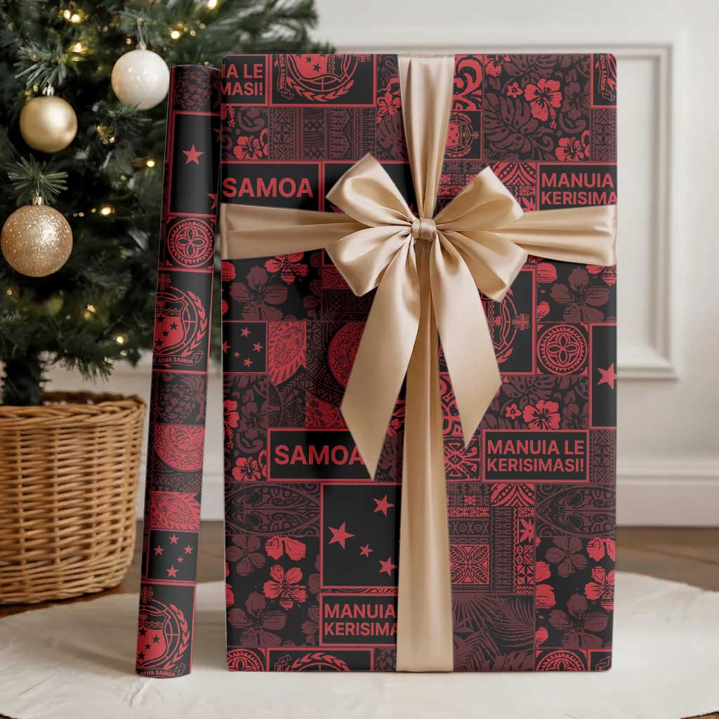 Dark Samoa Manuia Le Kerisimasi Wrapping Paper Pacific Patchwork Xmas Vibes - Polynesian Pride