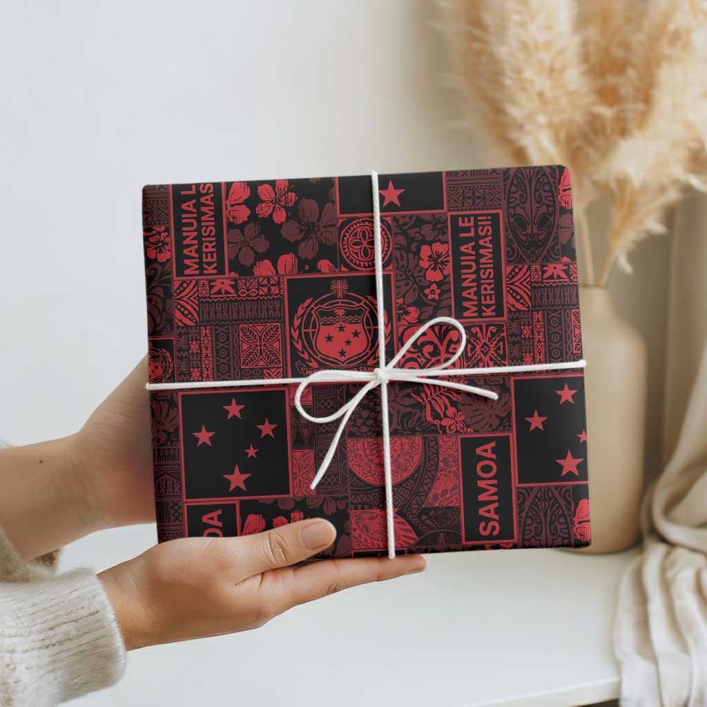 Dark Samoa Manuia Le Kerisimasi Wrapping Paper Pacific Patchwork Xmas Vibes - Polynesian Pride