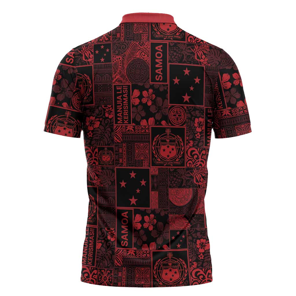 Dark Samoa Manuia Le Kerisimasi Zipper Polo Shirt Pacific Patchwork Xmas Vibes - Polynesian Pride