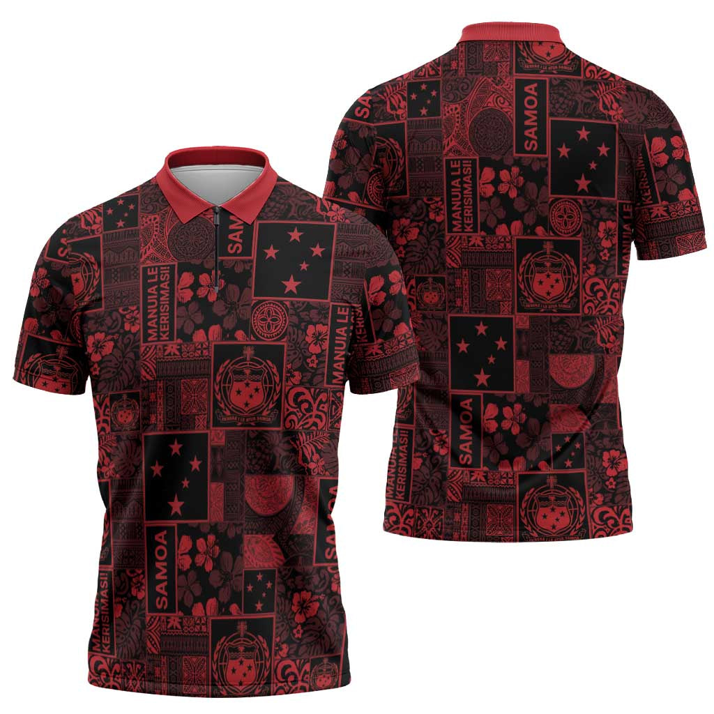 Dark Samoa Manuia Le Kerisimasi Zipper Polo Shirt Pacific Patchwork Xmas Vibes - Polynesian Pride