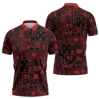 Dark Samoa Manuia Le Kerisimasi Zipper Polo Shirt Pacific Patchwork Xmas Vibes - Polynesian Pride