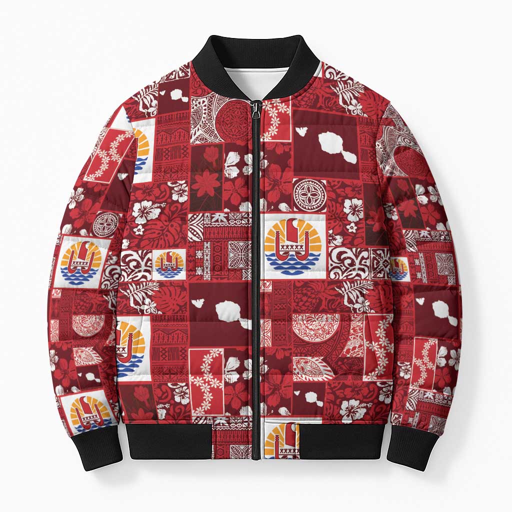 Tahiti Oaoa I Teie Noera Bomber Puffer Jacket Pacific Patchwork Xmas Vibes LT9 Unisex Red - Polynesian Pride