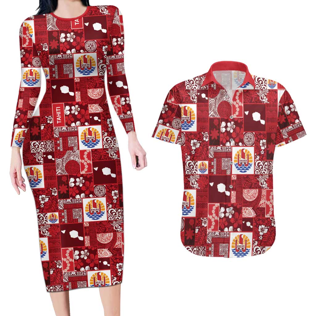 Tahiti Oaoa I Teie Noera Couples Matching Long Sleeve Bodycon Dress and Hawaiian Shirt Pacific Patchwork Xmas Vibes - Polynesian Pride