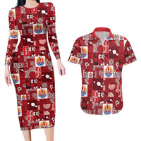 Tahiti Oaoa I Teie Noera Couples Matching Long Sleeve Bodycon Dress and Hawaiian Shirt Pacific Patchwork Xmas Vibes - Polynesian Pride