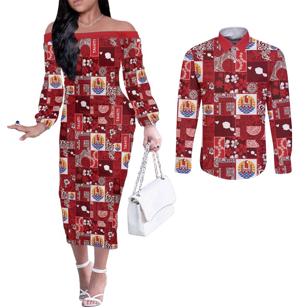 Tahiti Oaoa I Teie Noera Couples Matching Off The Shoulder Long Sleeve Dress and Long Sleeve Button Shirt Pacific Patchwork Xmas Vibes - Polynesian Pride