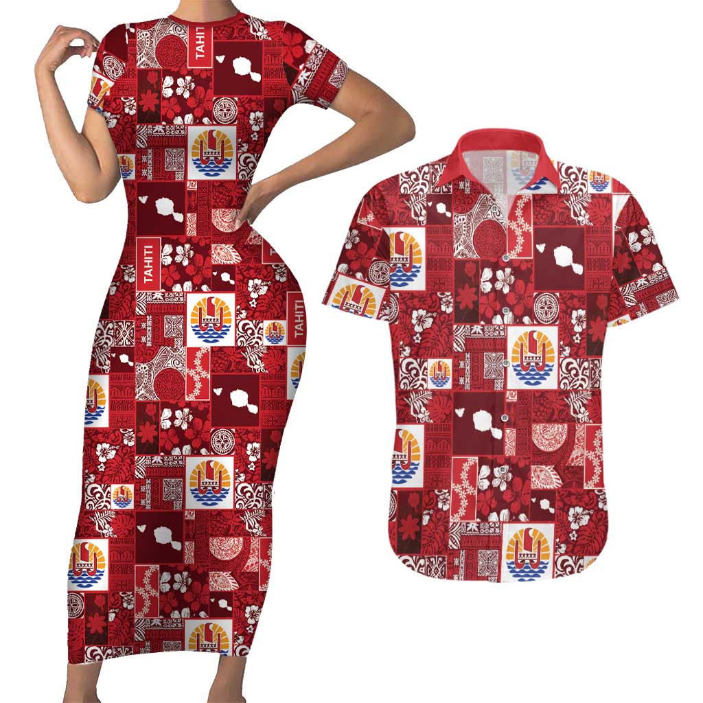 Tahiti Oaoa I Teie Noera Couples Matching Short Sleeve Bodycon Dress and Hawaiian Shirt Pacific Patchwork Xmas Vibes - Polynesian Pride