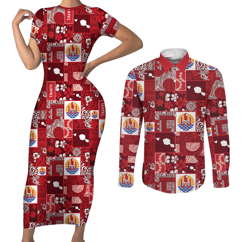 Tahiti Oaoa I Teie Noera Couples Matching Short Sleeve Bodycon Dress and Long Sleeve Button Shirt Pacific Patchwork Xmas Vibes - Polynesian Pride