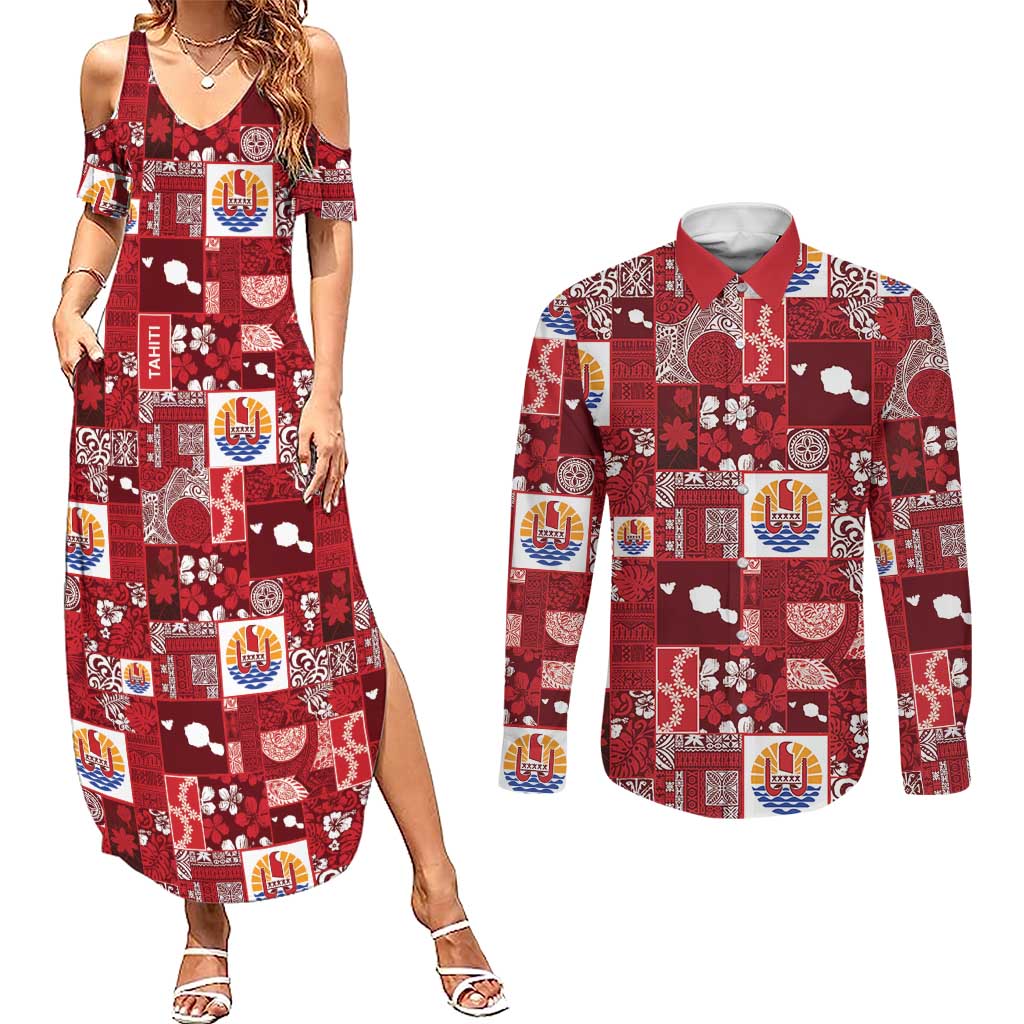 Tahiti Oaoa I Teie Noera Couples Matching Summer Maxi Dress and Long Sleeve Button Shirt Pacific Patchwork Xmas Vibes LT9 Red - Polynesian Pride