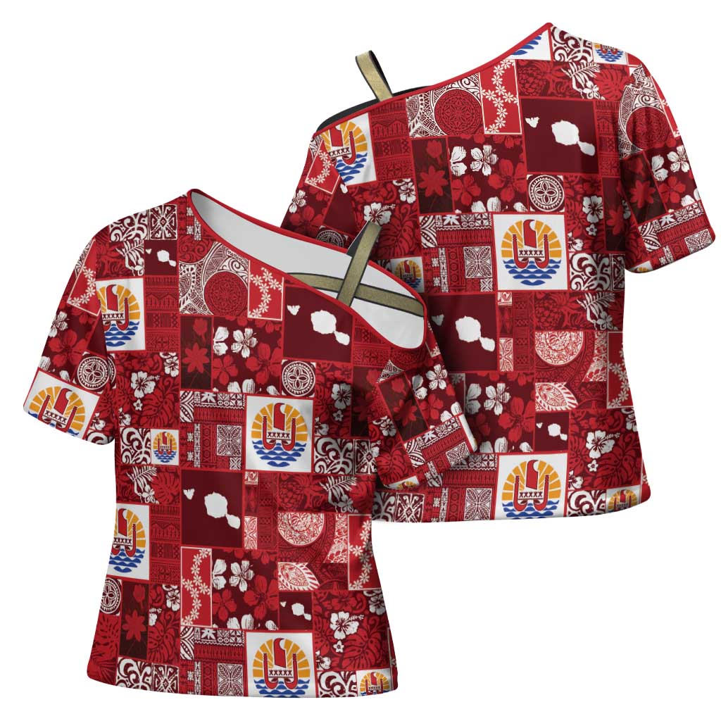 Tahiti Oaoa I Teie Noera Cross Shoulder Shirt Pacific Patchwork Xmas Vibes - Polynesian Pride