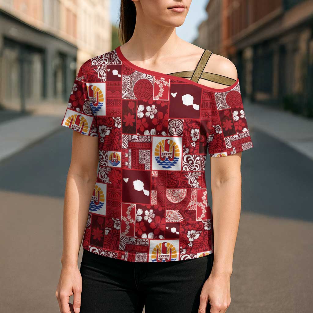 Tahiti Oaoa I Teie Noera Cross Shoulder Shirt Pacific Patchwork Xmas Vibes - Polynesian Pride