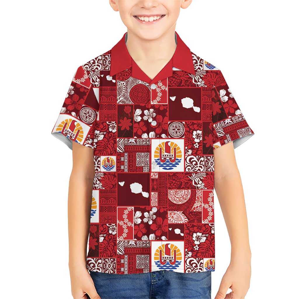 Tahiti Oaoa I Teie Noera Family Matching Off The Shoulder Long Sleeve Dress and Hawaiian Shirt Pacific Patchwork Xmas Vibes LT9 Son's Shirt Red - Polynesian Pride