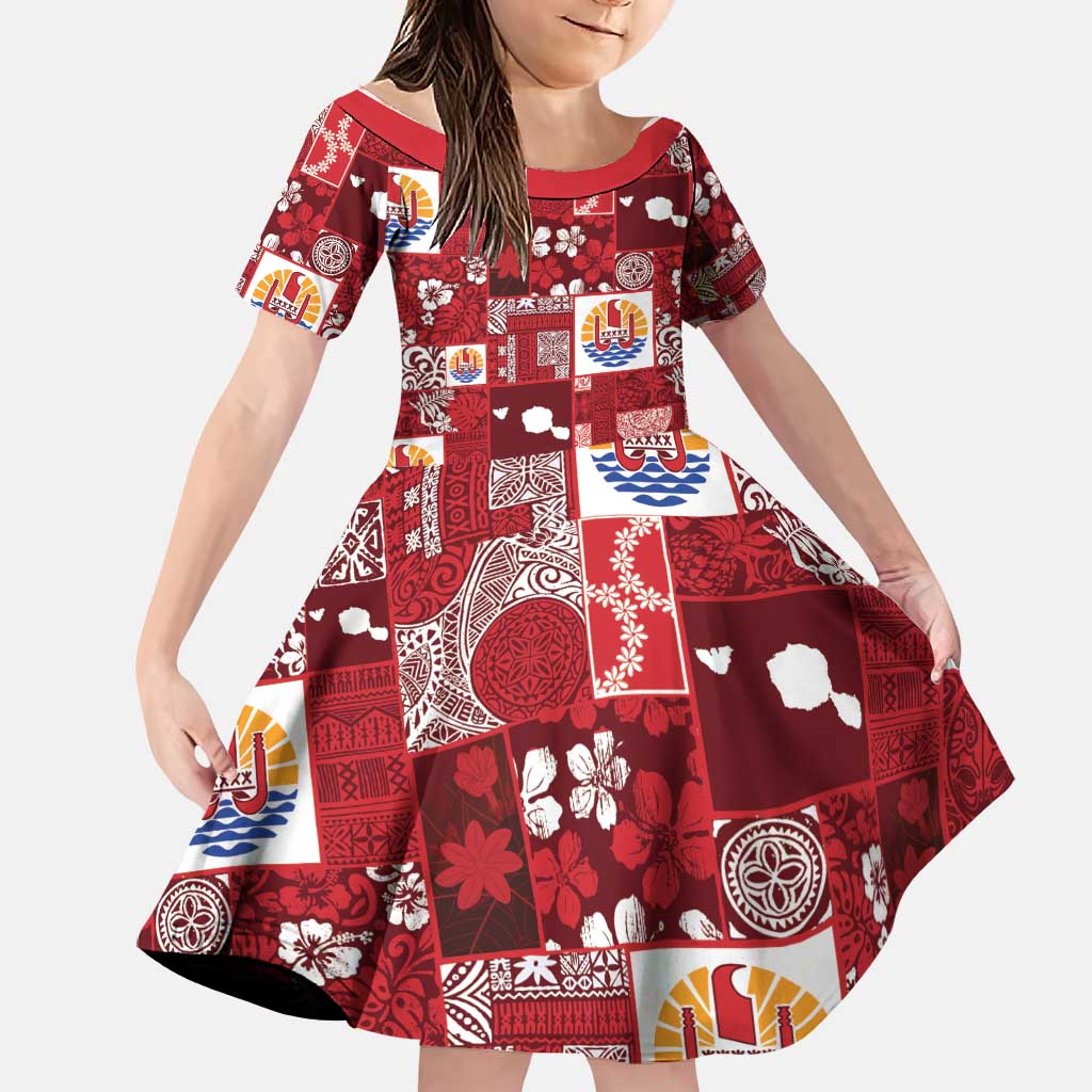 Tahiti Oaoa I Teie Noera Family Matching Off Shoulder Maxi Dress and Hawaiian Shirt Pacific Patchwork Xmas Vibes LT9 Daughter's Dress Red - Polynesian Pride