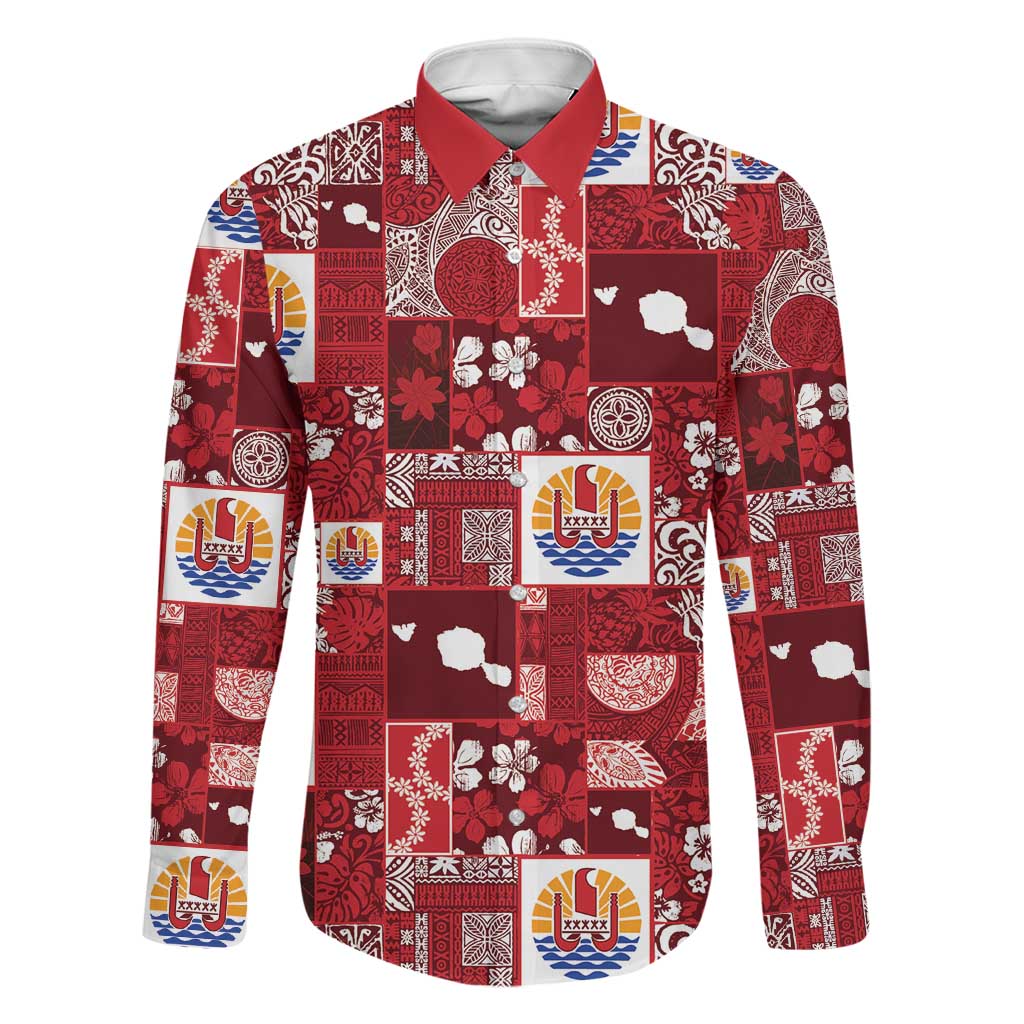 Tahiti Oaoa I Teie Noera Family Matching Off Shoulder Short Dress and Hawaiian Shirt Pacific Patchwork Xmas Vibes LT9 Dad's Shirt - Long Sleeve Red - Polynesian Pride