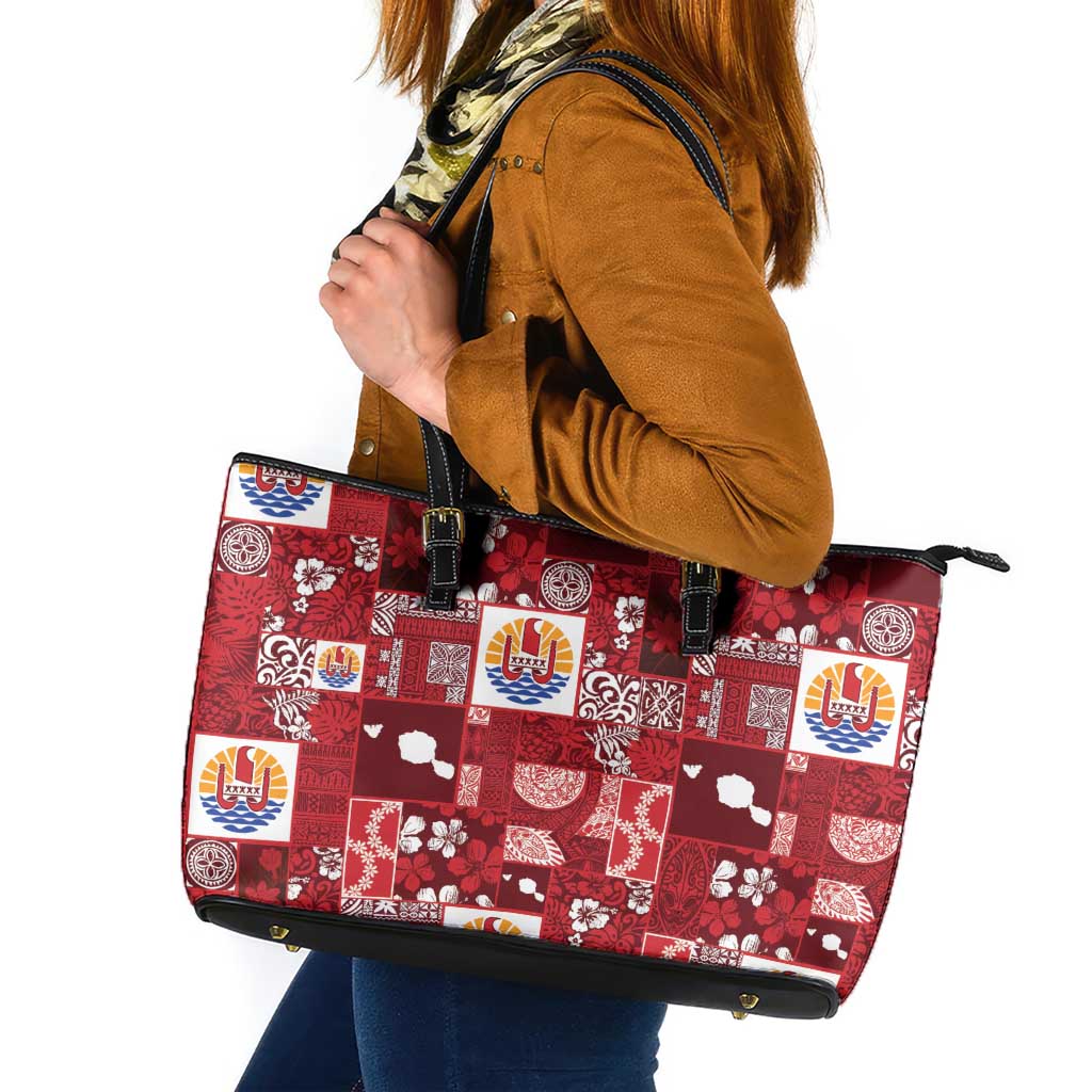 Tahiti Oaoa I Teie Noera Leather Tote Bag Pacific Patchwork Xmas Vibes LT9 Red - Polynesian Pride