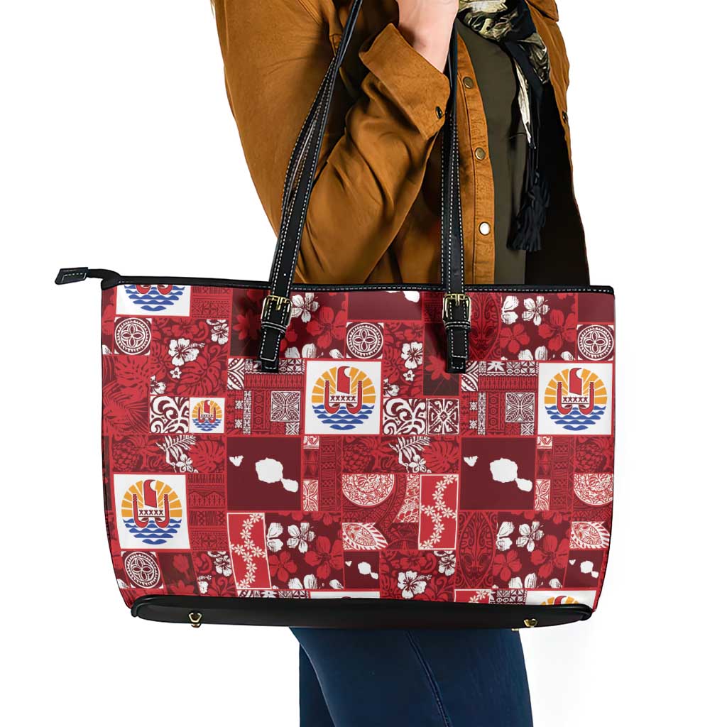 Tahiti Oaoa I Teie Noera Leather Tote Bag Pacific Patchwork Xmas Vibes LT9 - Polynesian Pride