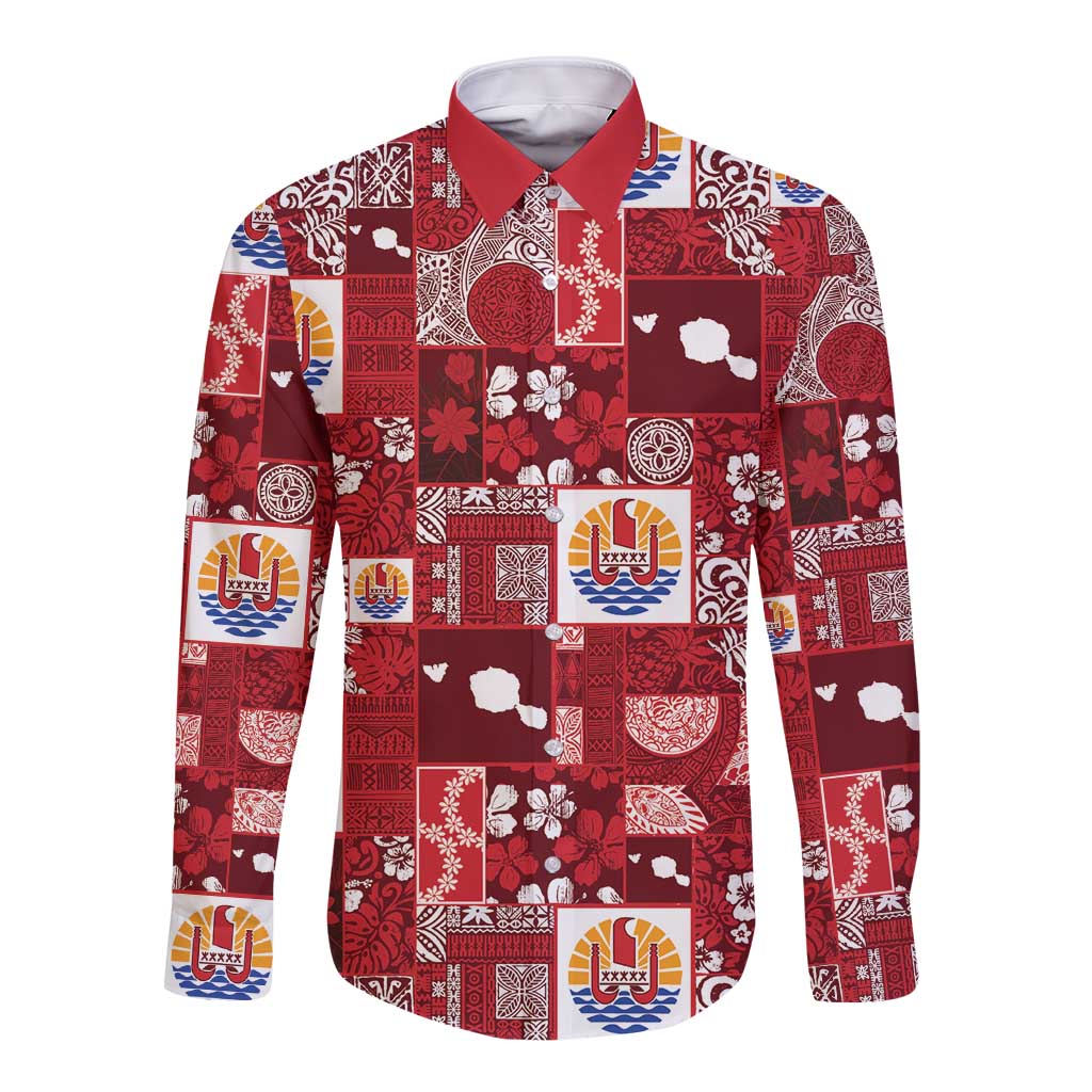Tahiti Oaoa I Teie Noera Long Sleeve Button Shirt Pacific Patchwork Xmas Vibes LT9 Unisex Red - Polynesian Pride