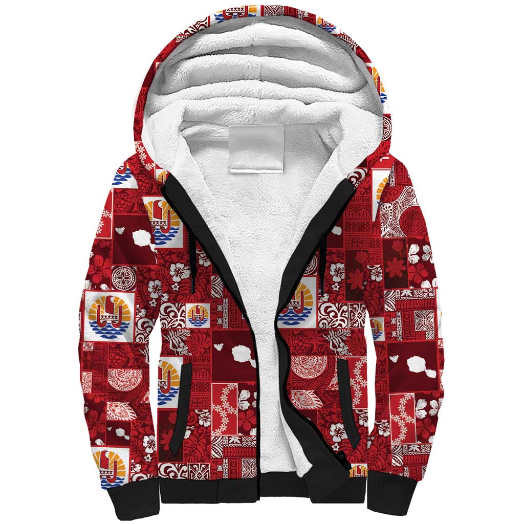 Tahiti Oaoa I Teie Noera Sherpa Hoodie Pacific Patchwork Xmas Vibes LT9 Unisex Red - Polynesian Pride