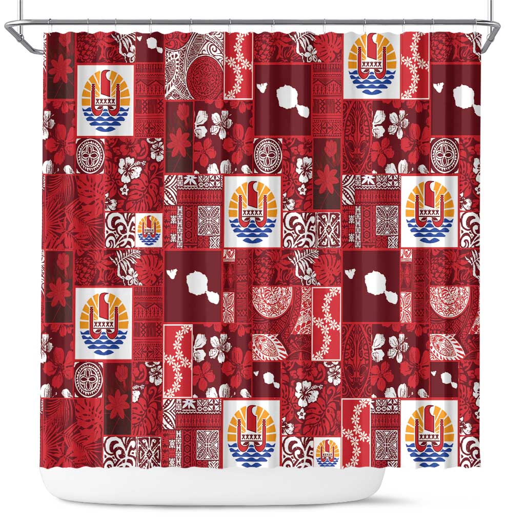 Tahiti Oaoa I Teie Noera Shower Curtain Pacific Patchwork Xmas Vibes LT9 Red - Polynesian Pride